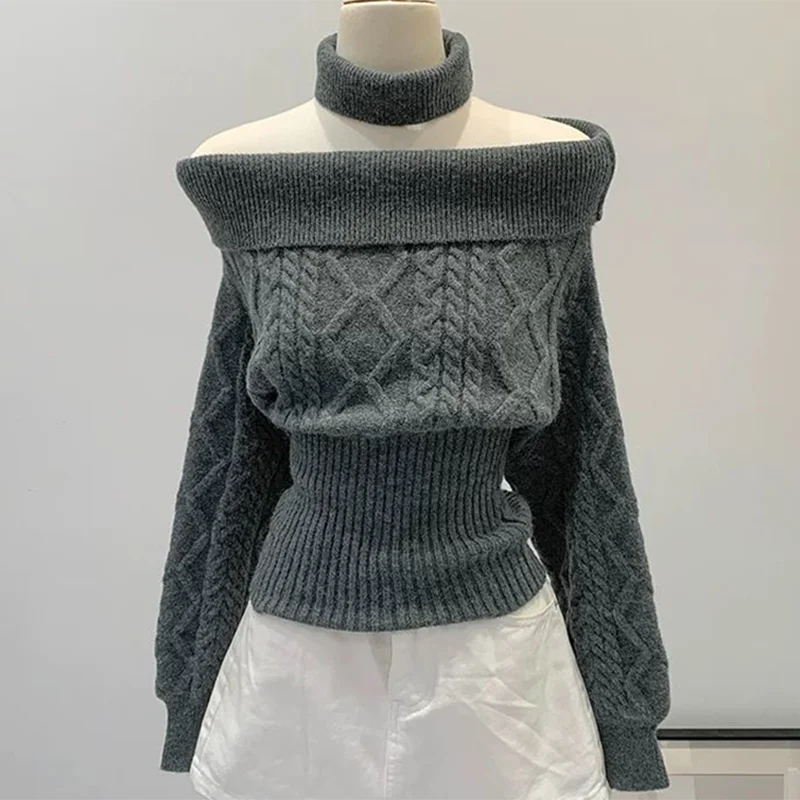 Sexy Off Shoulder Knit Sweater Women Cable Striped Slim Y2K Pullover Fashion Casual Preppy Style Long Sleeve Spring Fall Top