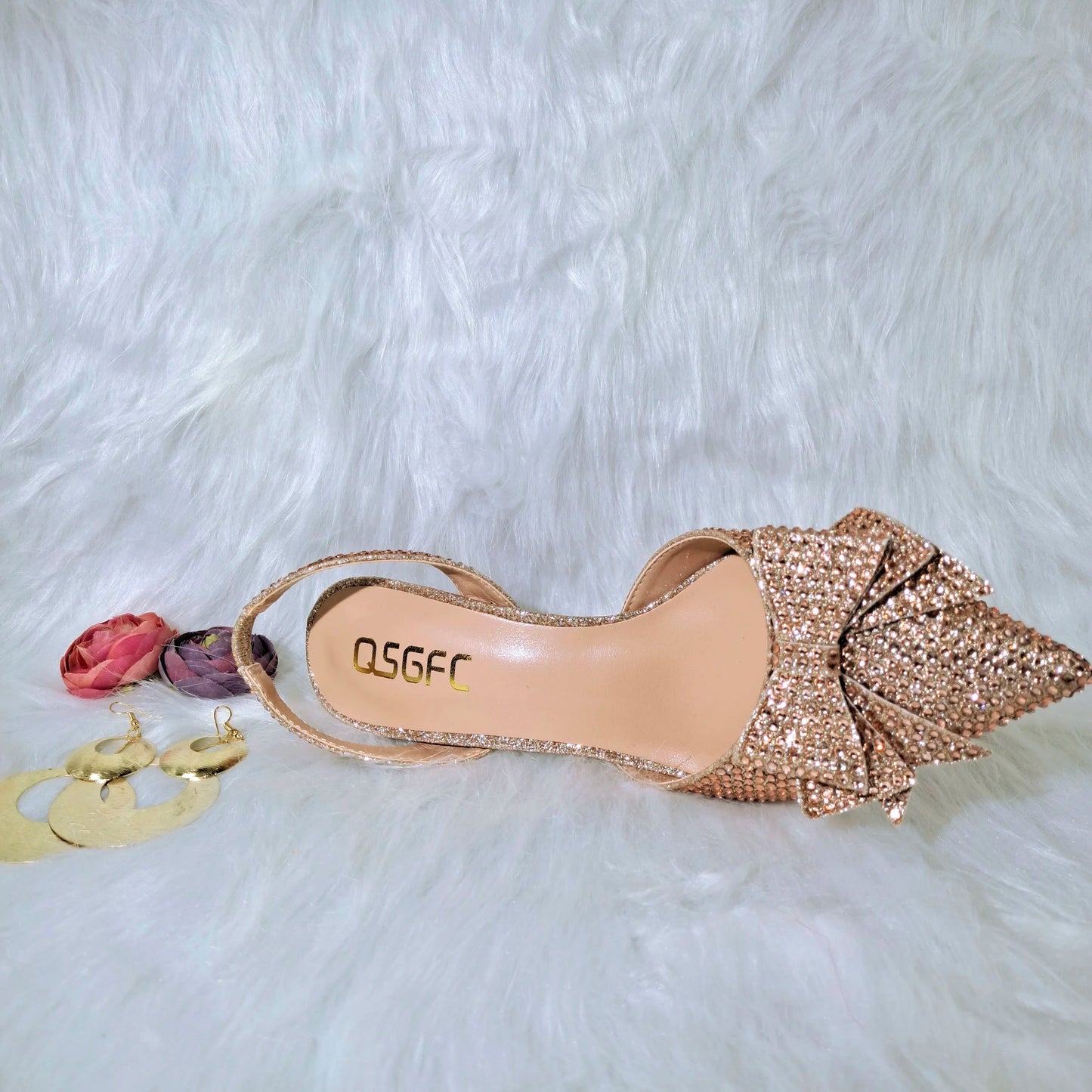QSGFC Crystal Decoration Style Wine Glass Heel Shoes Friends Party Shoes Nigerian Fashion Peach Ladies Shoes And Bag For Party