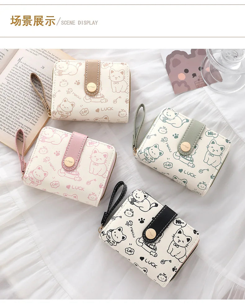 Cute Cat Coin Purse Women Fashion Short Wallet PU Leather Large Capacity Wallet Lightweight ID Card Holder Travel Cash Coin Bag