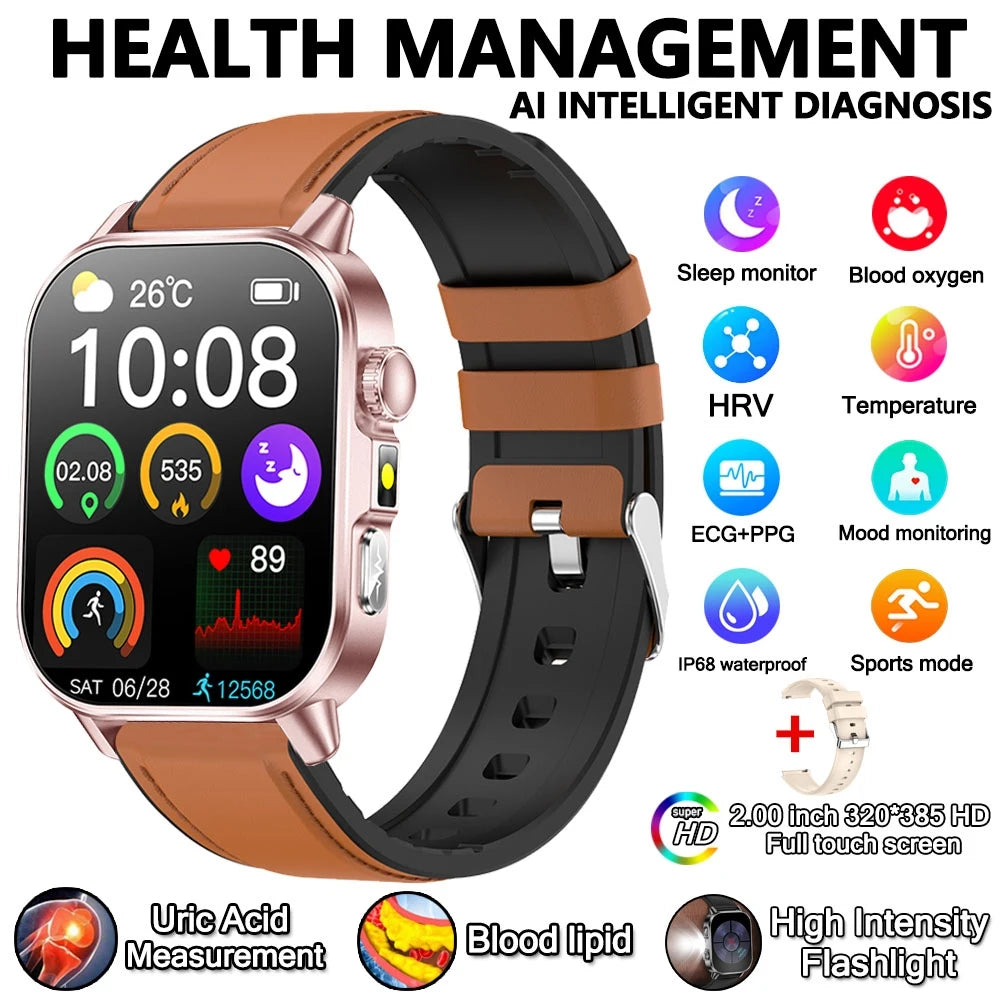 2026 New Professional-Grade Health Smart Watch Men ECG BP HR Uric Acid Lipid BMI Body Analysis Bluetooth Call Smartwatch Women