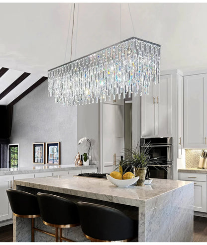 Luxury Crystal Long Pendant Lights Modern Lustres LED Chrome Hanging Lamps for Ceiling Silver Home Decor for Dining Room Remote