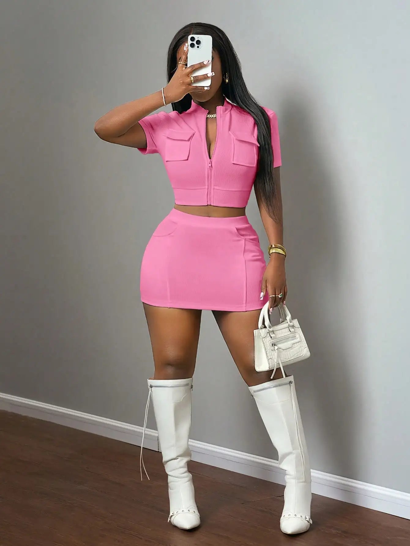 New Spring Summer Casual Street Style Short Sleeve Zipper Top with Pocket Stand Collar And Ultra-Short Skirt Two-Piece Set