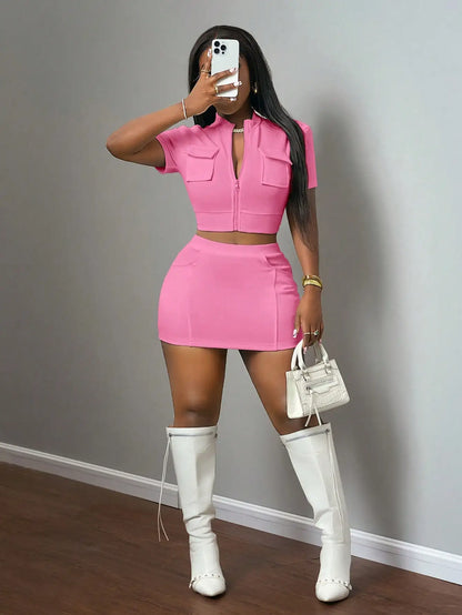 New Spring Summer Casual Street Style Short Sleeve Zipper Top with Pocket Stand Collar And Ultra-Short Skirt Two-Piece Set