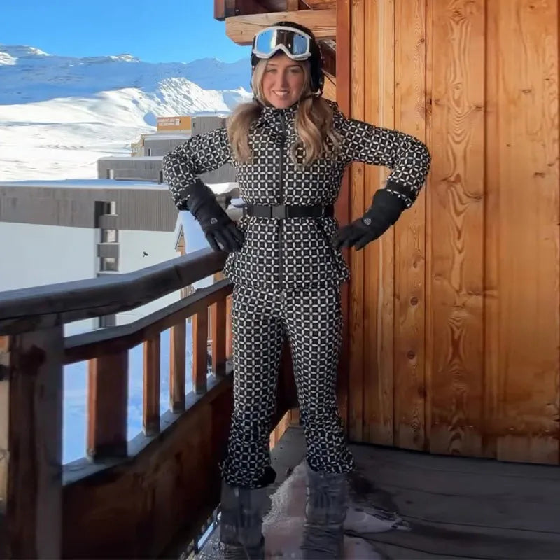 Faux Fur Patchwork Ski Jumpsuit Women Detachable Hoodie Long Sleeves Belts Zipper Warm Skiwear Female 2025 Winter Warm Rompers