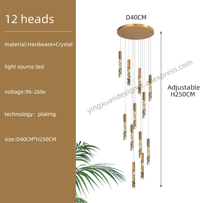 Crystal Staircase Pendant Lamp Modern Gold Lighting Fixture Ceiling Hang Pendant Light Luster Indoor Villa Loft Stair Chandelier