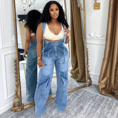 Jumpsuit Women Suspenders Overalls Zipper Denim One Piece Mom Jeans Wide Leg Long Pants High Waist Rompers Y2k Streetwear Summer