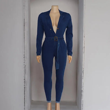 Washed Denim Jumpsuits V Neck Sashes Overalls Jean Solid Pencil Pants Sheath Jeans Pockets Spliced Sexy Slim High Street