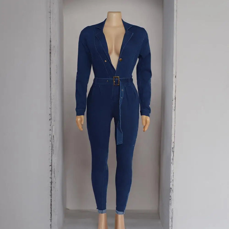Washed Denim Jumpsuits V Neck Sashes Overalls Jean Solid Pencil Pants Sheath Jeans Pockets Spliced Sexy Slim High Street