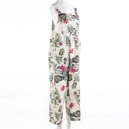 Combhasaki Women's S-3XL Cotton and Linen Jumpsuit Leaf Floral Print Square Neck Sleeveless Casual Loose Overalls with Pockets