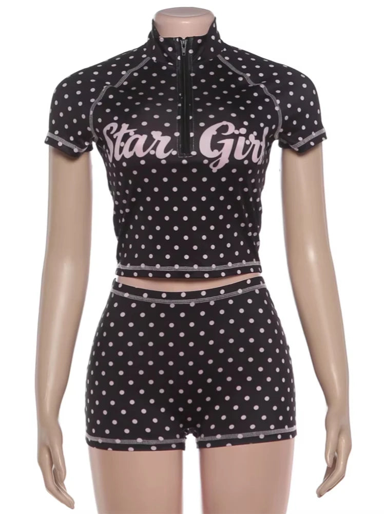 Nibber Street 2 Piece Set Woman Zip Turtleneck Short Sleeve Crop Tops+Skinny Shorts Sexy Polka Dot Print Fashion Style Outfits