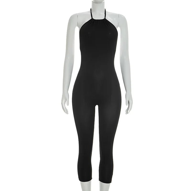 FAGADOER Sexy Solid Color Bodycon Jumpsuits Women Halter Sleeveless Backless Elasticity Romper Female Streetwear Overalls 2026