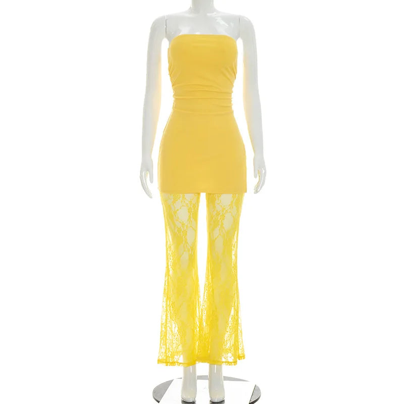 See Through Lace Patchwork Flare Jumpsuits Women Fashion Solid Strapless Backless Ruched Slit Slim Overalls Party Clubwear
