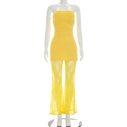See Through Lace Patchwork Flare Jumpsuits Women Fashion Solid Strapless Backless Ruched Slit Slim Overalls Party Clubwear