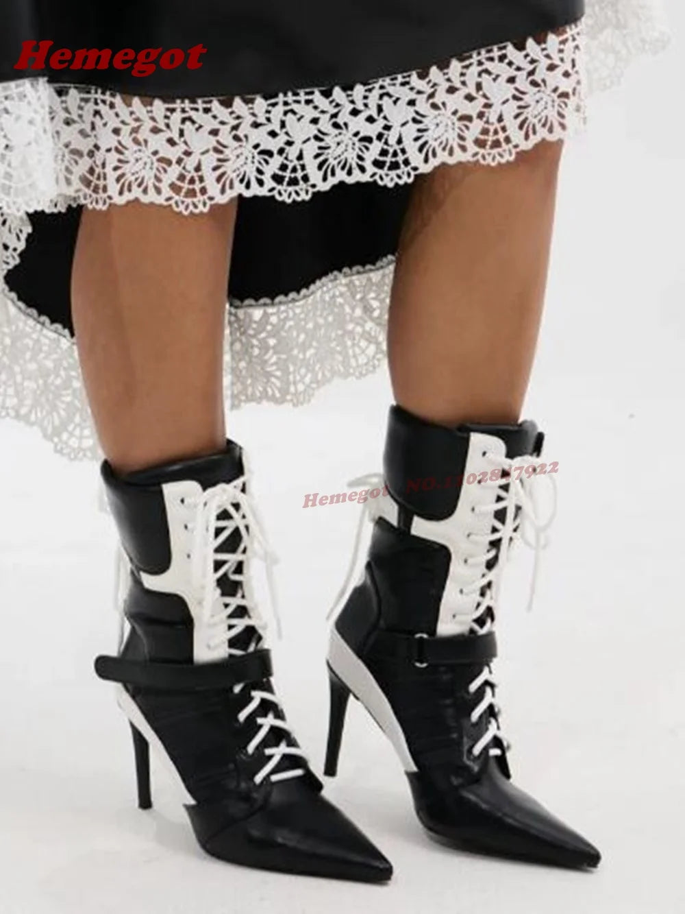Black White Patchwork Pointy Ankle Boots Stiletto Heels Hook and Loop Cross Tied Women's Boots Winter Gladiator Lace-Up Shoes