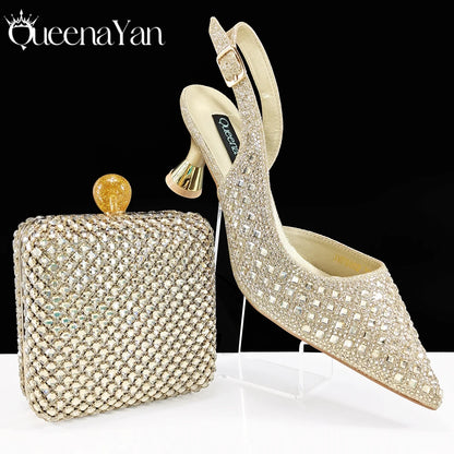 Queena Yan Italian Design Rhinestone Luxury Green Colour Pointed Toe Shoe & Bag Set Women's High Heels for Parties High Quality