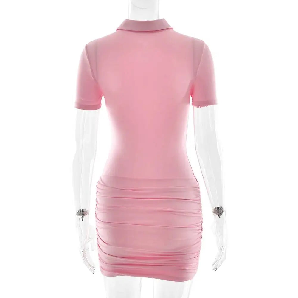 Sibybo Polo Collar Zipper Women Jumpsuits Set Short Sleeve High Elastic Rompers Ruched Bodycon Skirt Spring Casual Matching Sets
