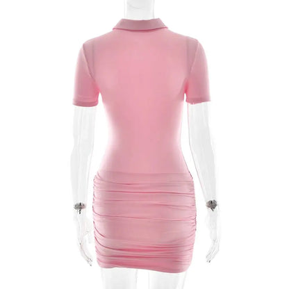 Sibybo Polo Collar Zipper Women Jumpsuits Set Short Sleeve High Elastic Rompers Ruched Bodycon Skirt Spring Casual Matching Sets