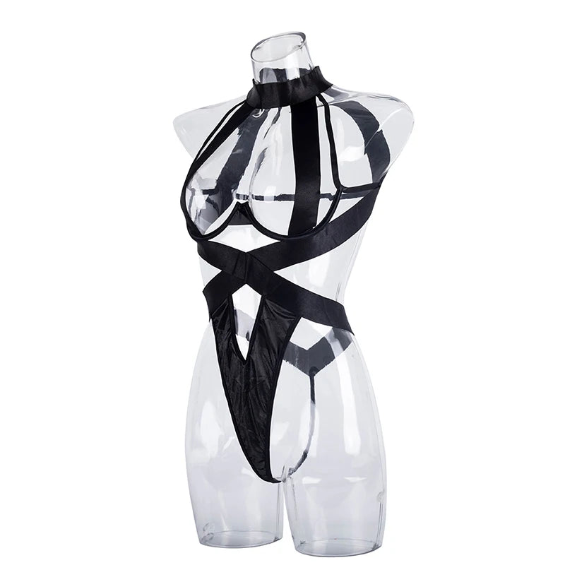 Black Halter Sexy Lingerie Women Bandage One Piece Bra Sets Erotic Costumes Teddy Baby Doll Dress Push Up Underwear Set Bodysuit
