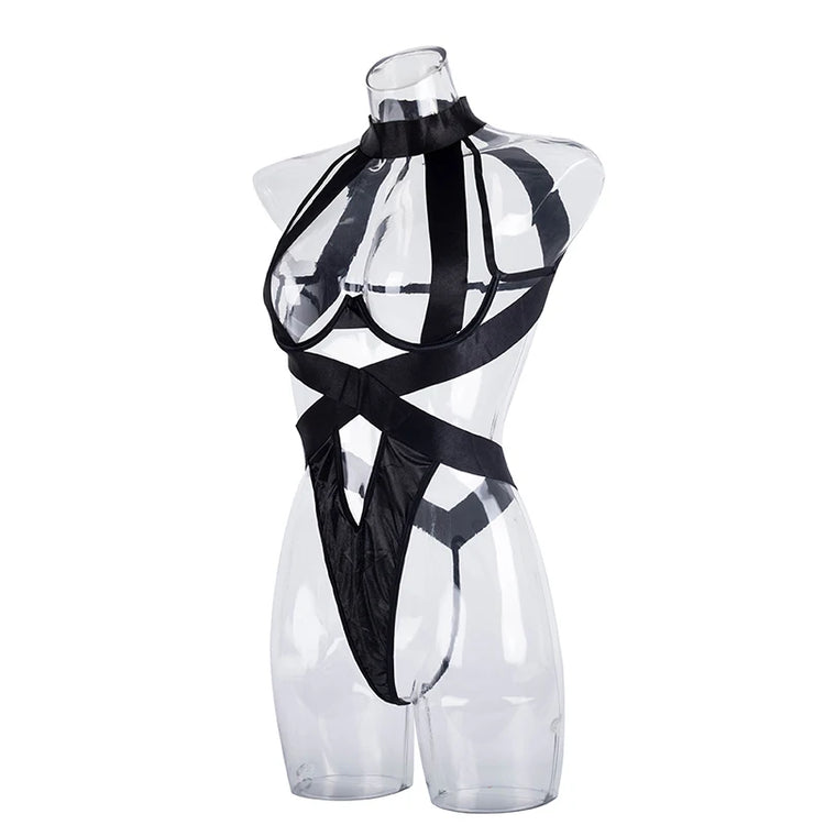 Black Halter Sexy Lingerie Women Bandage One Piece Bra Sets Erotic Costumes Teddy Baby Doll Dress Push Up Underwear Set Bodysuit