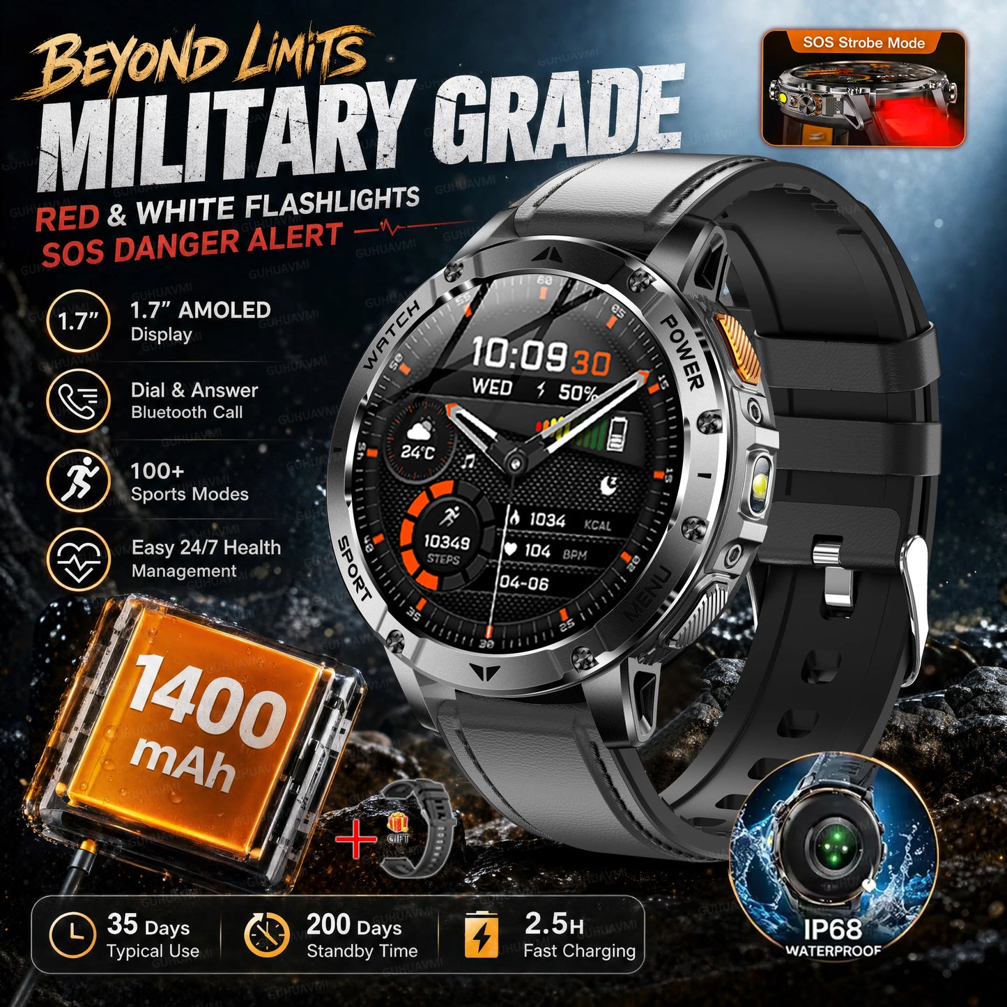 TANK Ultra Outdoor Smartwatch 1400mAh Battery Military Watches Waterproof Two-color Tactical LED Flashlight Men Sports Bracelet