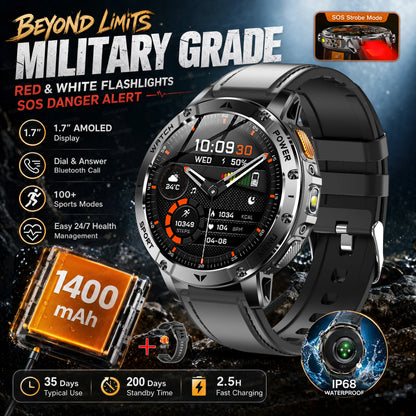 TANK Ultra Outdoor Smartwatch 1400mAh Battery Military Watches Waterproof Two-color Tactical LED Flashlight Men Sports Bracelet