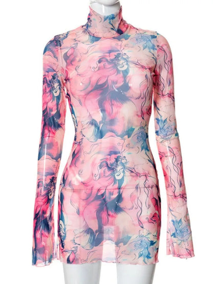 Flare Sleeve Color Printing Bodycon Dress Mini Women Clothing Turtleneck Sexy Streetwear High Waist Fashion One-Pieces Outfits