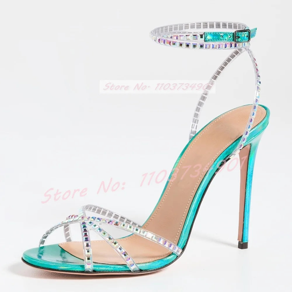 Shiny Leather Crystals Stiletto Sandals Women Ankle Strap Round Toe High Heels Shoes Ladies Luxury Elegant Sexy Party Sandals
