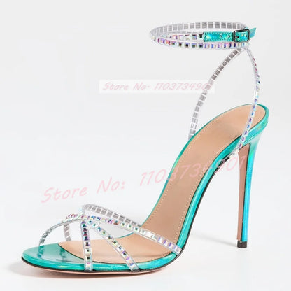 Shiny Leather Crystals Stiletto Sandals Women Ankle Strap Round Toe High Heels Shoes Ladies Luxury Elegant Sexy Party Sandals