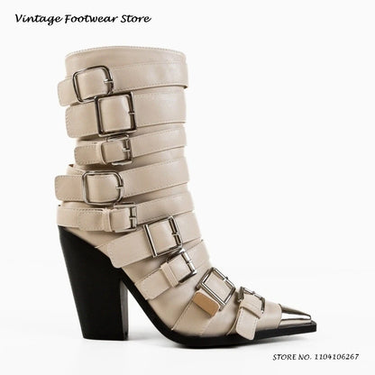 Metal Pointed Toe Belt Buckles Booties 2025 Spring Autumn Side Zipper Solid Plus Size Shoes Women's Chunky Heel Ankle Boots
