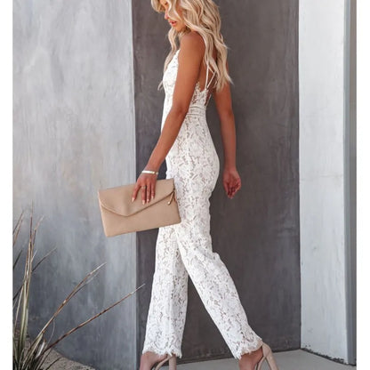 Ladies Elegant Jumpsuits Spaghetti Straps V-Neck Solid Lace Backless Sexy Jumpsuit For Women Simple White Slim Office Rompers
