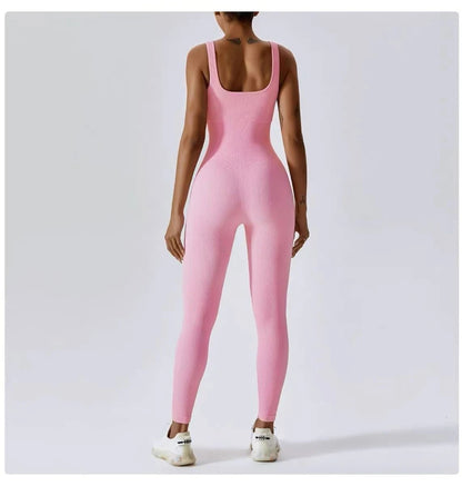 Womens Jumpsuits Sleeveless Yoga Slim Fit Stretch Screw Thread One Piece Romper Sexy Fitness Female Pink Sportwears Chest Pads