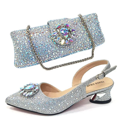 New Arrival Fashion Shoes Matching Bag Set Royal Blue Color Decorated with Crystal Ladies Wedding Party Women High Heel