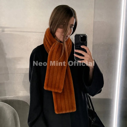 Neo Mint Luxury Brand Fashion Faux Mink Fur Scarves Women 2026 Winter Fuzzy Neck Warmer Wraps Chic Plush Fur Collar Shawl Scarf