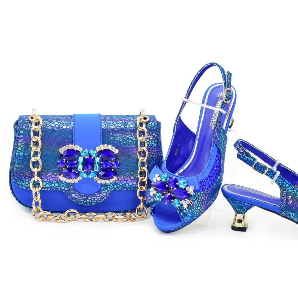 New Arrival Nigerian Women Heel Party Shoes and Bag Set Champagne Colour Rhinestone Handbag Italian Design Wedding