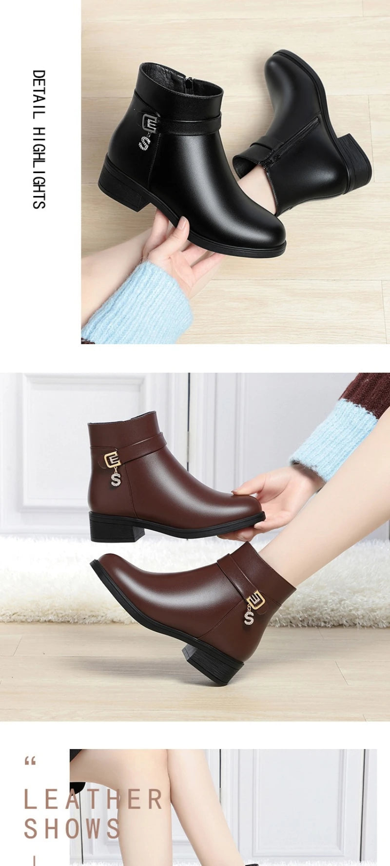 High-Heeled Leather Shoes Spring Single Shoes Thick Heel Thick Sole Slip-On Women's Shoes Square Toe Middle-Aged Mother's Shoes