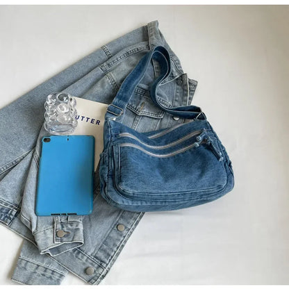 Vintage Denim Women's Shoulder Bag Large Capacity Messenger Bag Multi-pockets Satchel Bags Adjustable Strap Ladies Crossbody Bag