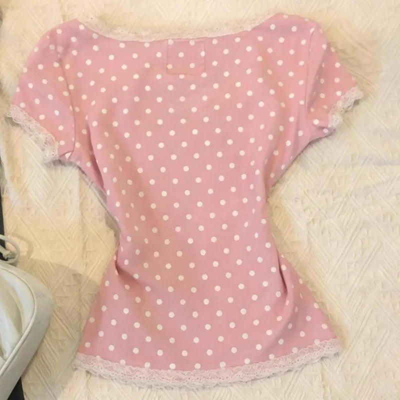 Matakawa Y2k Clothes T Shirt for Women Spring Summer Japanese Style Ropa De Mujer Polka Dot Vintage Sexy Short T-shirts