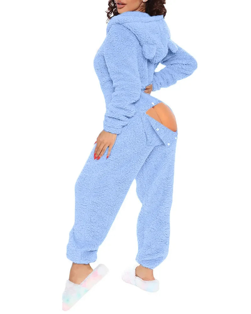 Women Jumpsuit Long Sleeve Pajama Zipper Hooded Jumpsuit Casual Winter Warm Sleepwear Sexy Butt Button Back Flap Home Clothing