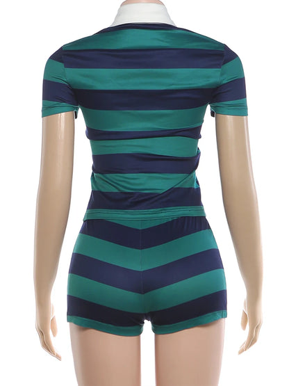 Weird Puss Striped Print 2-Piece Set Women Lapel Single-Breasted Patchwork t-Shirt+Simple Mini Short Sporty Style Streetwear