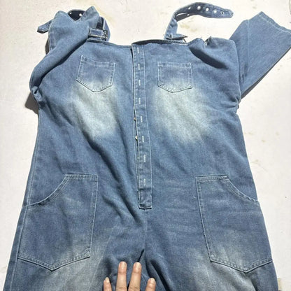 Summer Denim Jumpsuit for Women, Long Sleeve Off Shoulder Loose Bib Overall, Button Down Wide Leg Jeans Romper with Pockets