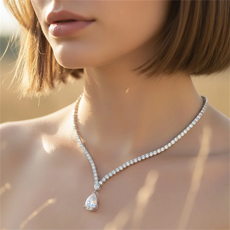 6Carat Pear Cut Full Moissanite Tennis Necklace for Women V-shape 3mm Round Cut Diamond S925 Silver WaterDrop Riviera Necklaces
