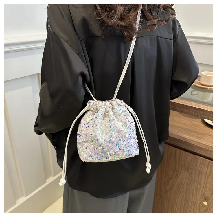 Shiny Sequin Drawstring Shoulder Bags for Women, Mini Crossbody Purse ,Sparkly Evening Handbag Suitable for Party Night Out