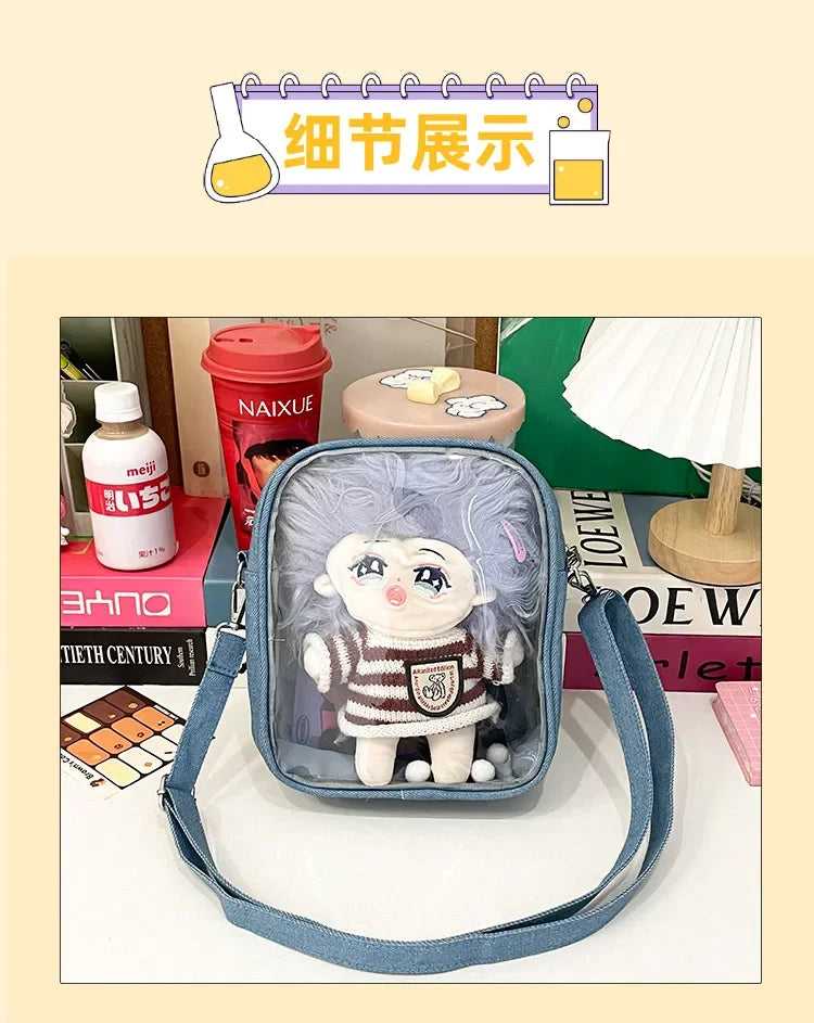New Denim Ulzzang Ita Bags Female Transparent Badge Doll Show Crossbody Shoulder Bag Individuality Designer 2 Sides Bolso Mujer