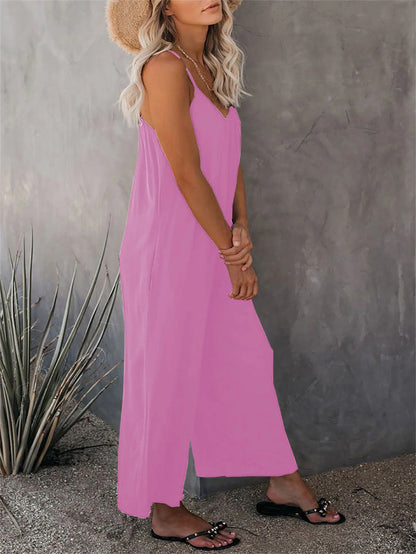 Strap jumpsuit for women's summer new cross-border solid color inserted bag casual jumpsuit