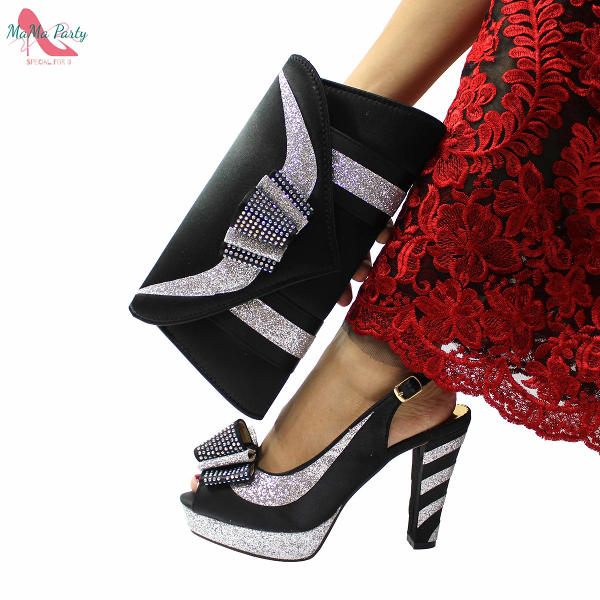 2025 Red Elegant Style Italian Women Shoes Matching Hand Bag Set  Slingbacks Sandals with Platform for Party