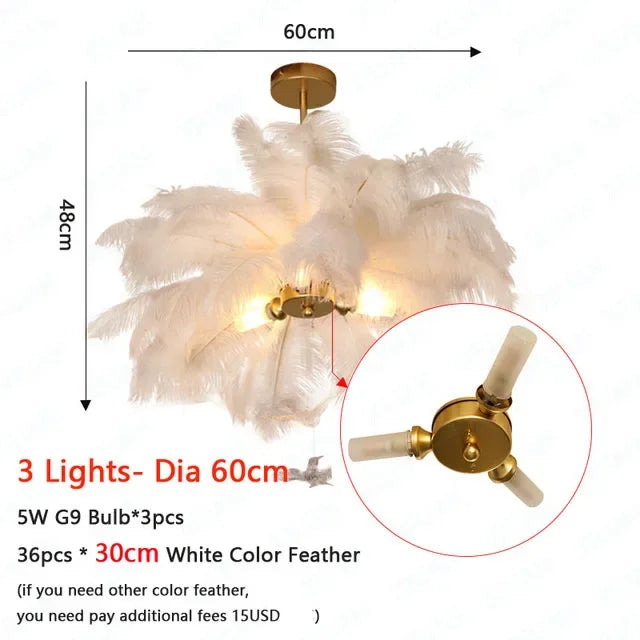 Nordic White Ostrich Feather Pendant Light Modern Led Chandelier Lights for Living Dining Room Children's Decor Hanghing Lamp