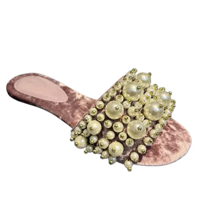 Outdoor Slippers Pearl Decor Flat Slippers Women Flannel Open Toe Slides Slip On Luxury Sandals Elegant Comfortable Summer Shoes