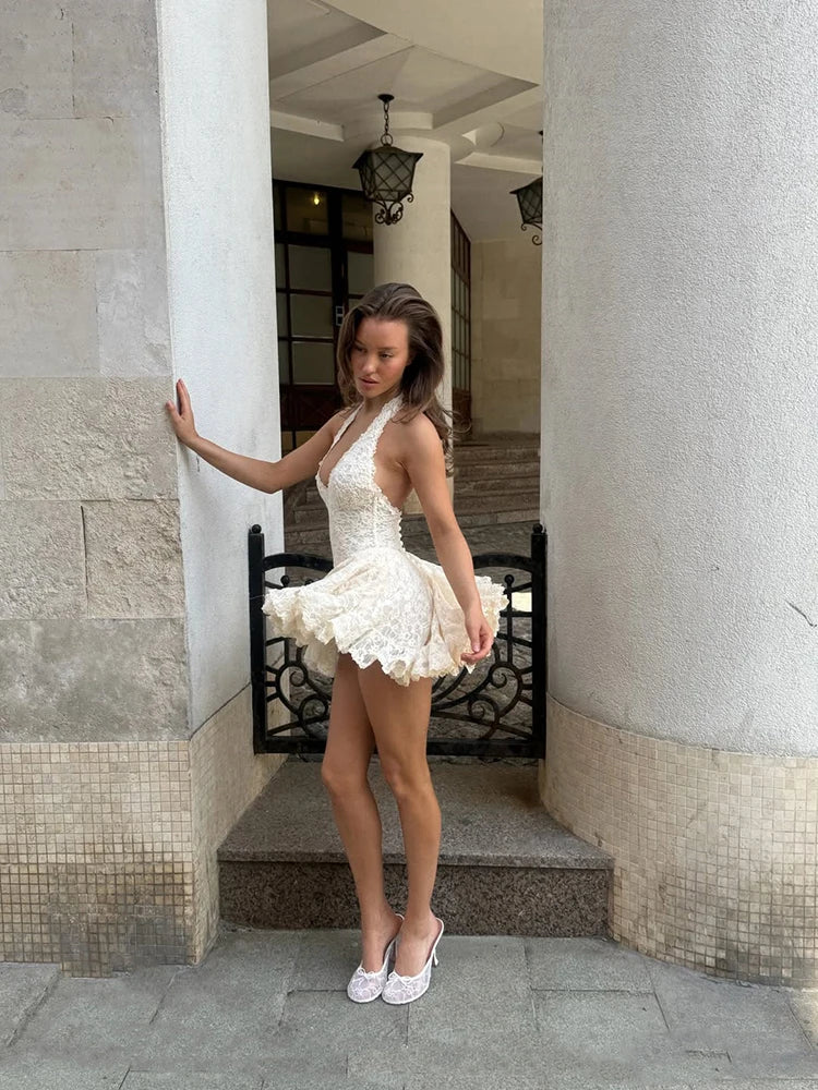 Women's White Floral Lace Halter Cutout Two Piece Skirt Set Trendy Hollow Out Waist Ruffle Mini Skirt Boho Beach Matching Outfit
