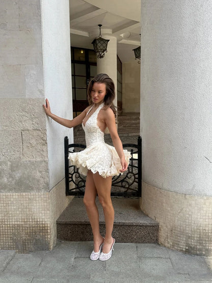 Women's White Floral Lace Halter Cutout Two Piece Skirt Set Trendy Hollow Out Waist Ruffle Mini Skirt Boho Beach Matching Outfit