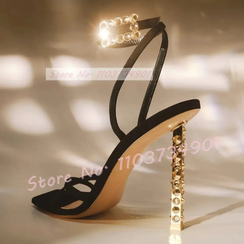 Metal Heels With Rivets Sandals Women Belt Buckle Square Toe Ankle Strap Stiletto Shoes Lady Sexy Luxury Party Elegant Sandals